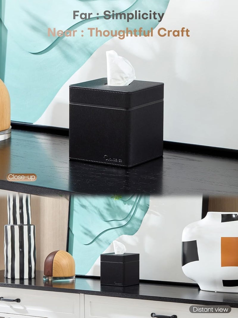 cloudever Tissue Box Holder Cover, Modern PU Leather Square Decorative Tissue Holder Organizer-Woven New Off White - Image 2